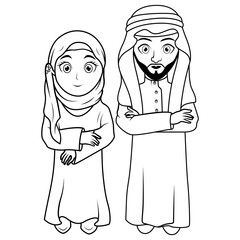 Happy couple muslim kids cartoon line art