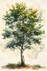 tree bird perched scales birch standing alone hand tinted brushwork august yellows breath taking trees - obrazy, fototapety, plakaty