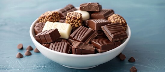 A white bowl sits on a blue table, brimming with a mixture of chocolate pieces and soft marshmallows. The decadent treats create a tempting display of indulgence.
