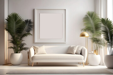 3D empty mockup frame set within a contemporary interior design. A chic white lounge space featuring a modern floor lamp, lush potted palm and blank frame