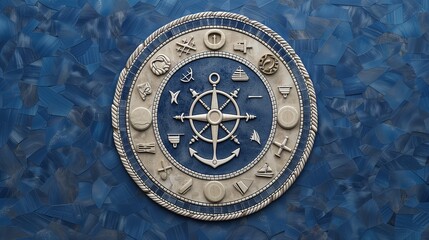 Coastal nautical office, circular marble mosaic with maritime symbols. Background Nautical blue.