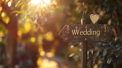 A wooden sign with "Wedding" written on it is placed at the entrance of the outdoor wedding venue. - Powered by Adobe