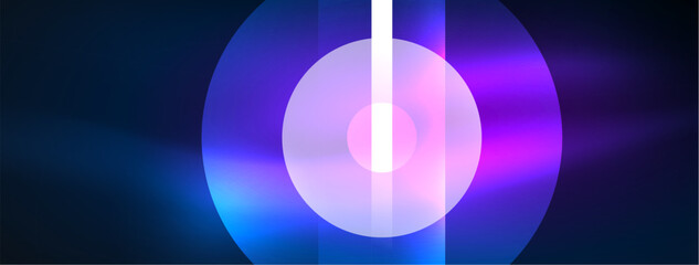 Abstract design pulsates with neon glowing light effects, casting an entrancing glow in the darkness, captivating the eye with its vibrant energy. Glass circles neon glowing light effects
