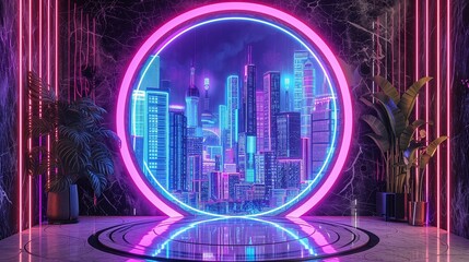 Cyberpunk office, circular marble mosaic with a futuristic neon city design. Background Neon cityscape.