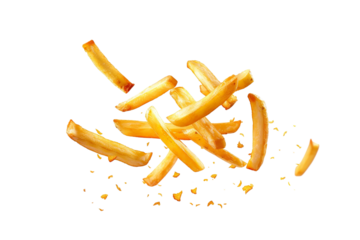 Flying delicious potato fries isolated on white background PNG