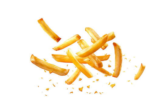 Flying delicious potato fries isolated on white background PNG