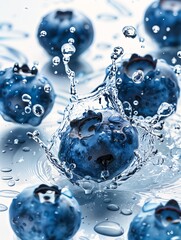 closeup blueberries deep splashing modeling swirling product azure fresh fruit betraying eden - obrazy, fototapety, plakaty