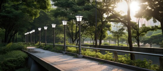 Obraz premium A metal bridge walkway in the middle of a park, with solar panels and garden lamps nearby. The walkway is illuminated by focused LED lights powered by sunlight.