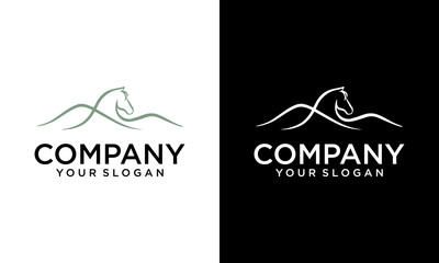 Creative equine hill logo, with mountain and sophistic head horse vector. mountain with horse logo design vector illustration template