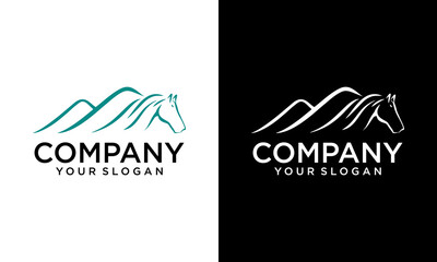 Creative equine hill logo, with mountain and sophistic head horse vector. mountain with horse logo design vector illustration template