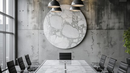 Industrial chic office conference room, circular marble mosaic on a concrete wall. Background Urban grunge.