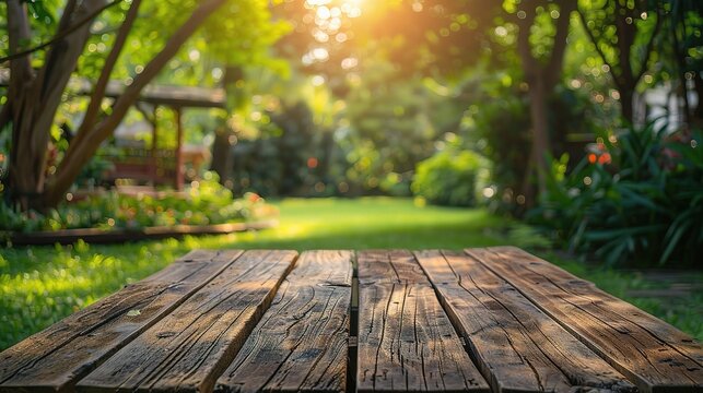 Fototapeta Empty wood table top on blur abstract green garden from window view in the morning