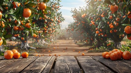 Empty wood table with free space over orange trees - obrazy, fototapety, plakaty