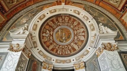Obraz premium Renaissance palace office, circular marble mosaic with opulent Renaissance art motifs. Background Renaissance opulence.