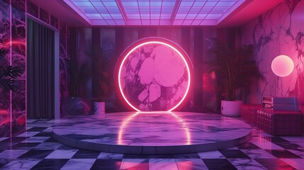 Retro 80s office conference room, circular marble mosaic with neon geometric patterns. Background Synthwave vibes. - obrazy, fototapety, plakaty