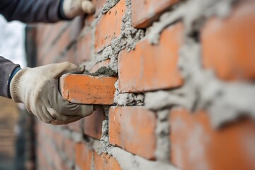 A bricklayer meticulously placing bricks onto a cement mix at a construction site, emphasizing the importance of building more affordable houses to address the housing crisis. - obrazy, fototapety, plakaty