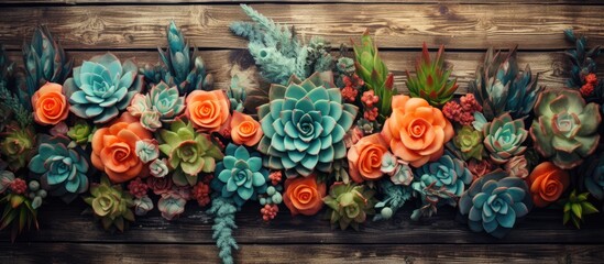 A collection of various succulents and other plants arranged in a hipster floral design on a vintage wooden surface.