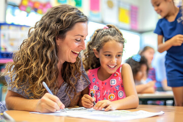 Happy teacher assisting her elementary student in classroom
