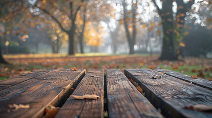 Wooden table on the background of the evening foggy park