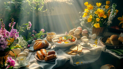 Obraz na płótnie Canvas Table with Easter Food - Shining Morning Light and Flowers