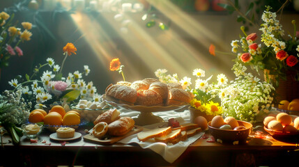 Table with Easter Food - Shining Morning Light and Flowers