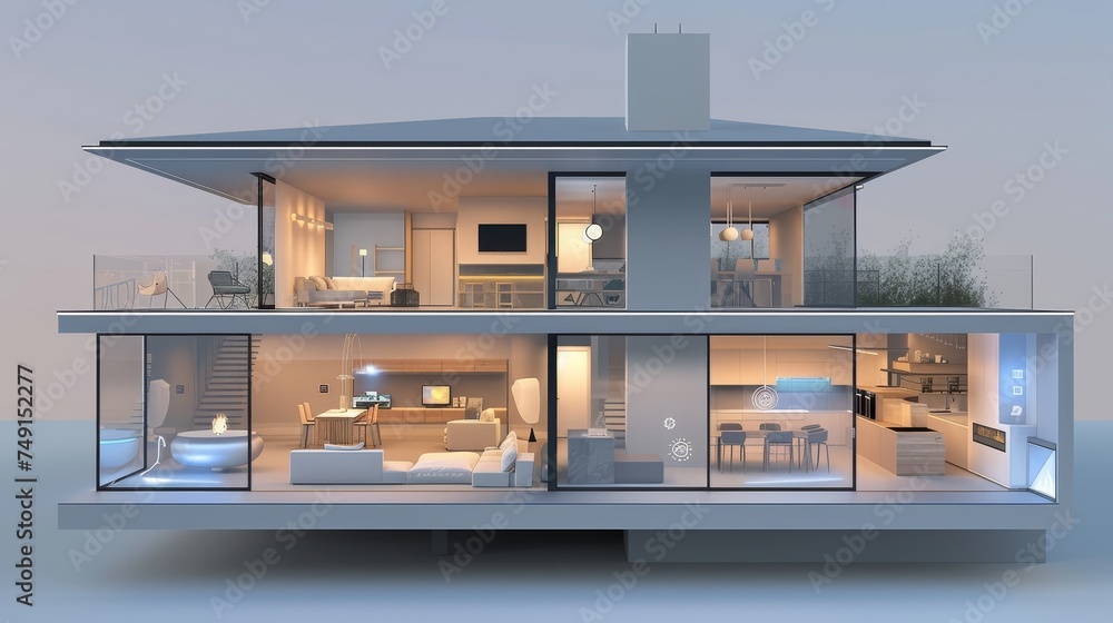 Poster visualize a day in a smart home where technology seamlessly integrates with every aspect of lifestyl