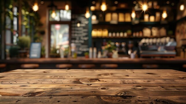 Empty wooden table in front of abstract blurred background of coffee shop . can be used for display or montage your products.