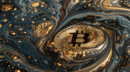 Sleek metallic Bitcoin amidst abstract elegant swirls representing the fusion of digital wealth and artistic grace