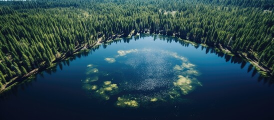 A round lake, resembling Earth, is seen from above surrounded by pine trees. The water reflects the lush greenery of the trees.