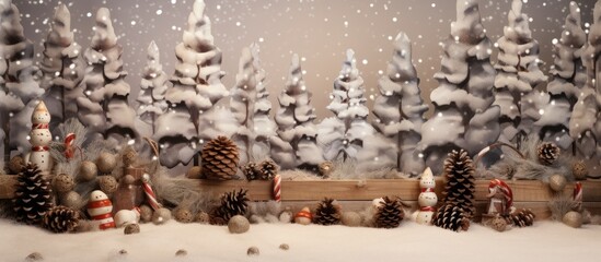 A festive Christmas scene with snow covering the ground and pine cones scattered around. The setting showcases a winter wonderland with pine cones adding a touch of nature to the holiday decor.