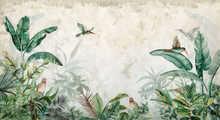 A mural featuring various birds and lush tropical plants painted on a wall, creating a vibrant and colorful scene.
