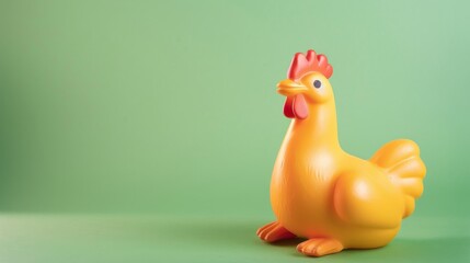 A rubber chicken, a classic gag item, lying horizontally across a plain green background, - obrazy, fototapety, plakaty