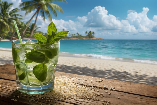 Mojito drinks with beach themed background