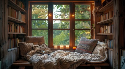 Visualize a cozy reading nook, a personal haven for tranquility and immersion in stories - obrazy, fototapety, plakaty
