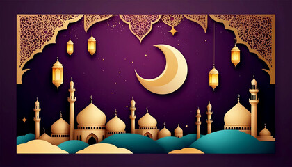  Ramadan islamic holiday design templates with gold crescent moon, hand.