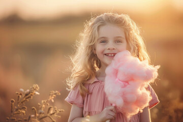 Happy child with pink cotton candy floss in hands at sunset
