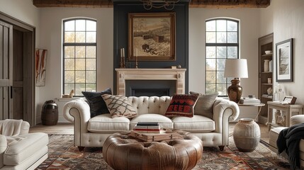 Visualize a cozy living space that blends traditional charm with modern functionality, embodying the warmth of home