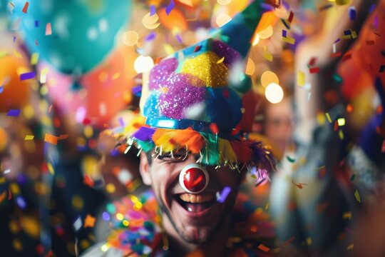 clown with confetti and balloons, center composition, soft focus creating a playful atmosphere