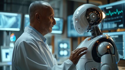A doctor consulting with an AIpowered robotic assistant discussing patient data on interactive screens in a setting that blends traditional medicine with cutting edge robotics all in a 