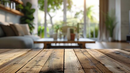 Empty wooden table with blurred living room background