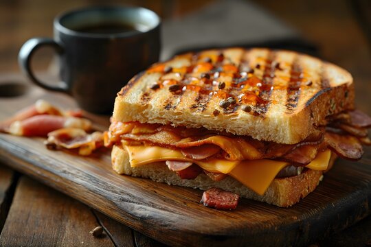 A sandwich with cheese and meat, a cup of coffee on a wooden board on a dark wooden background 