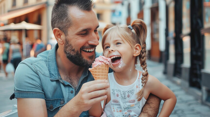 Happy daughter sitting with dad on the city street and eating ice cream outdoor. Cheerful little girl having fun spending time with father