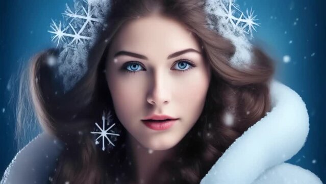 portrait of woman made of snow and snowflakes, image of winter, seasons, Generative AI,