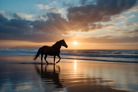 A brown horse at beach at sunset