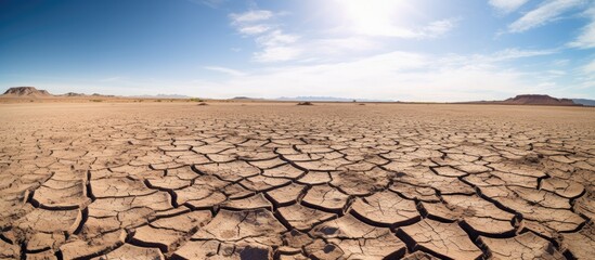 A barren desert landscape with cracked dry arid ground stretches into the distance under a clear blue sky, symbolizing the impact of severe drought and global warming on World Water Day in March. - obrazy, fototapety, plakaty