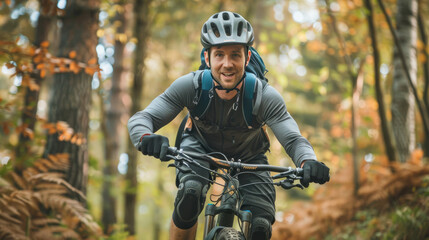 A young man mountain biking through a forest
