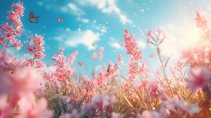 Fotobehang Floral spring natural landscape with wild pink lilac flowers on meadow and fluttering butterflies © INK ART BACKGROUND