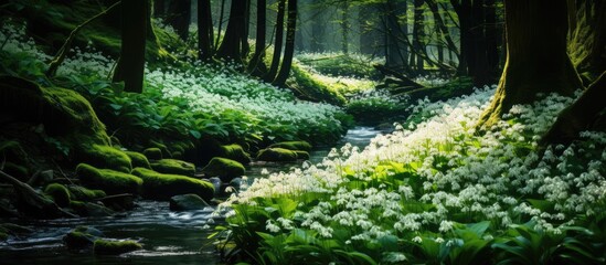 A stream is visible as it meanders through a dense and vibrant green forest. The forest is filled with lush vegetation, including trees, bushes, and a blanket of white wild garlic blossoms covering