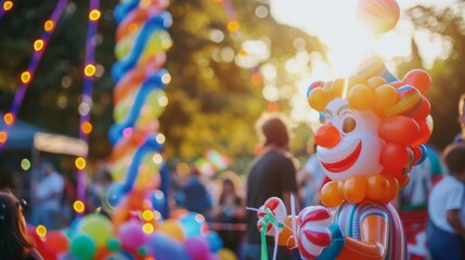  clown balloon at an outdoor festival, vibrant festival decorations in the background, 