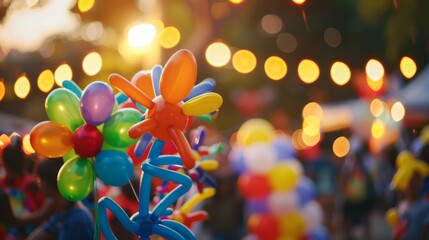 A defocused image of a clown making balloon animals at an outdoor festival, april fool's day - obrazy, fototapety, plakaty